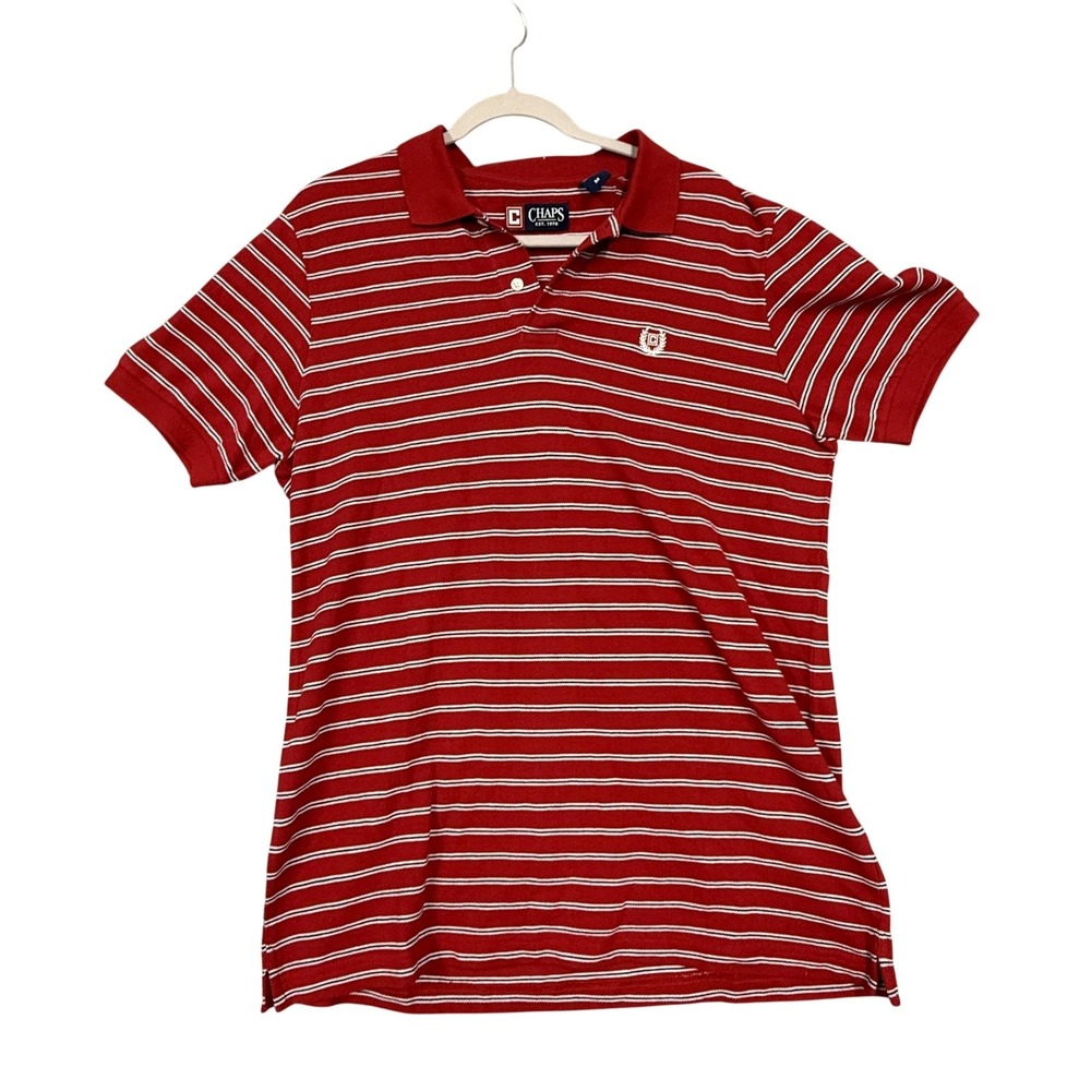 Chaps Polo Shirt Mens M Red‎ Striped Short Sleeve Cotton Knit Logo Casual